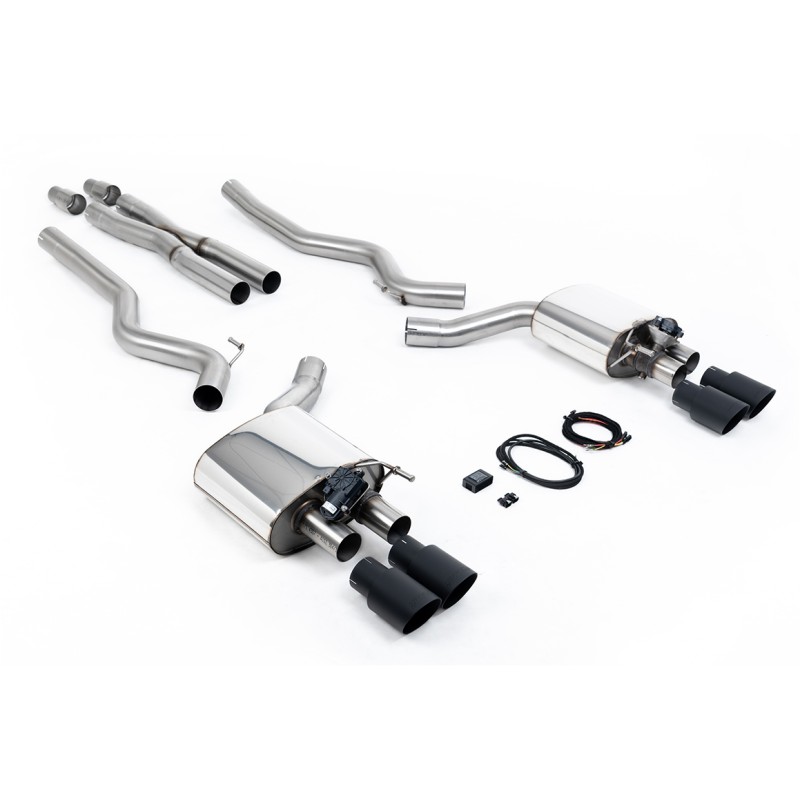 Ford Mustang 5.0 V8 GT (Fastback) - Valved Cat-Back Exhaust System with Quad Black GT-90 Trims - Cerakote Black